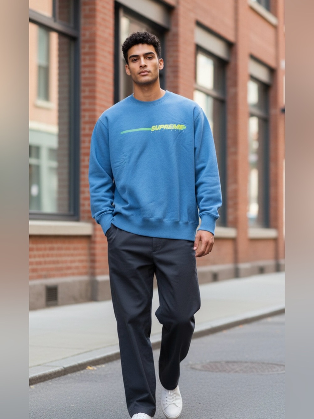 Pre-owned Supreme Blue Crewneck with Neon Yellow Logo